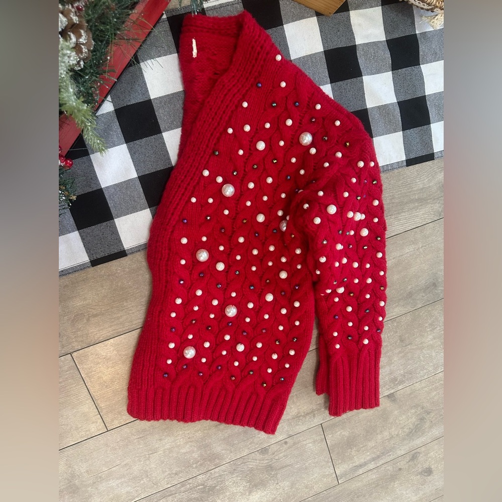New BiBi Luxury Pearl & Rhinestone Chunky Knit Holiday Cardigan Grannycore Small - Picture 10 of 16